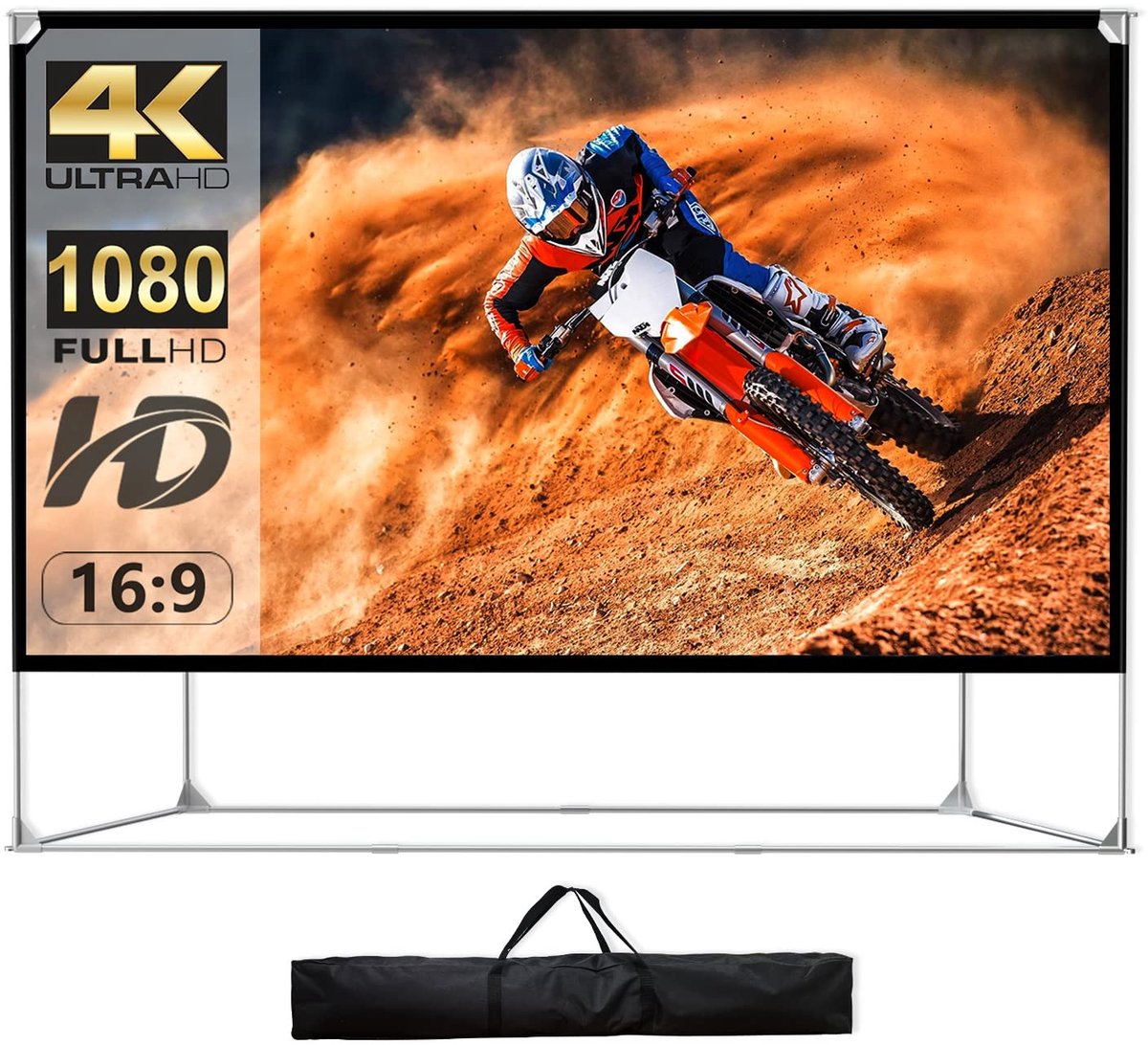 SnelShoppen - Projectiescherm 150 inch 16:9 HD 4K Draagbaar Opvouwbaar Winddicht met Standaard en Draagtas voor Thuisbioscoop, Tuin, Camping, Feest, B