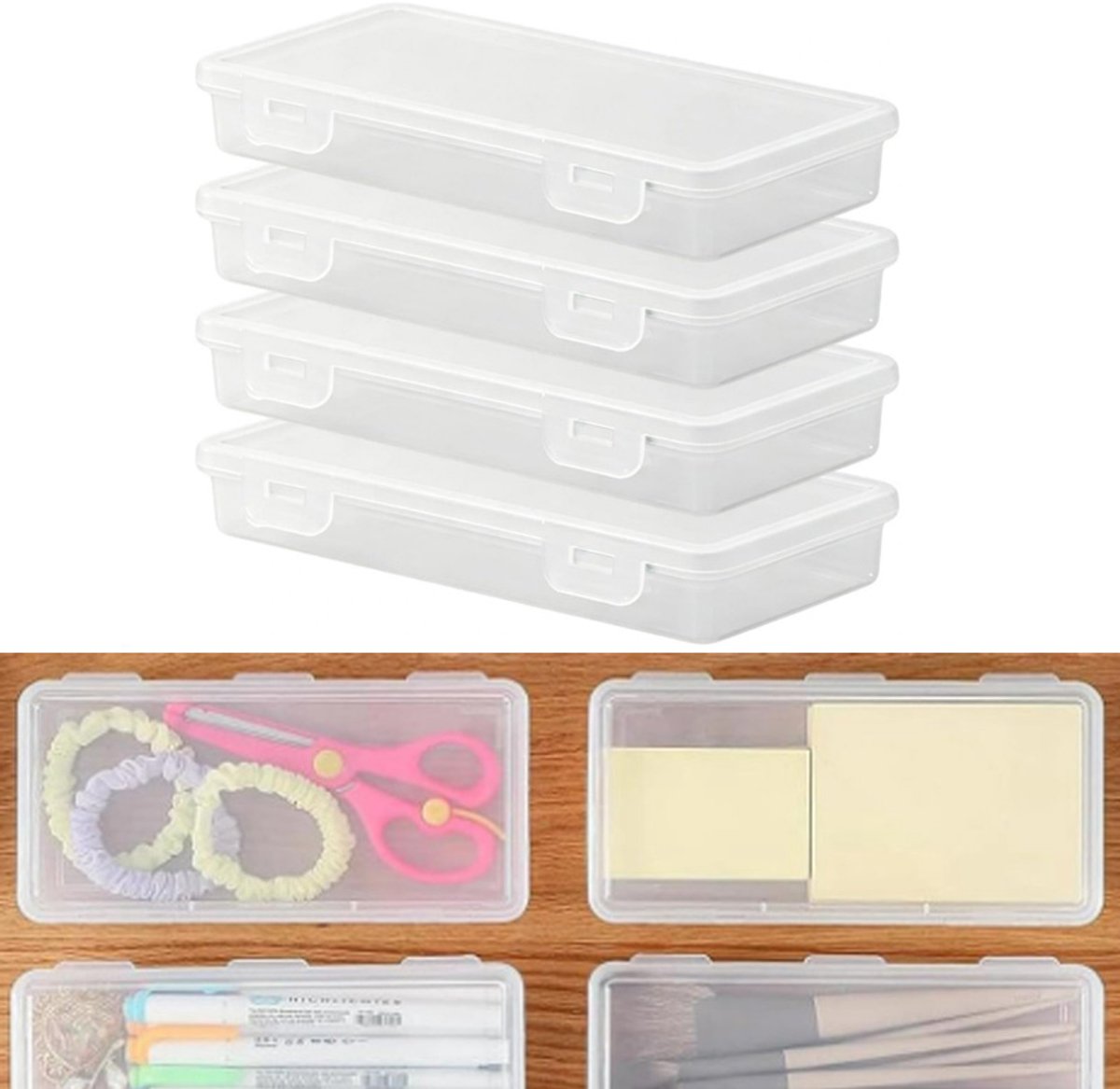 KZQ Transparante Opbergdoos Set van 4 - Stapelbaar en Multifunctioneel - 18,7 x 9 x 3 cm - Geschikt voor Pennen, Kunstbenodigdheden, Cosmetica en Gereedschap - Voor Kantoor en Hobby