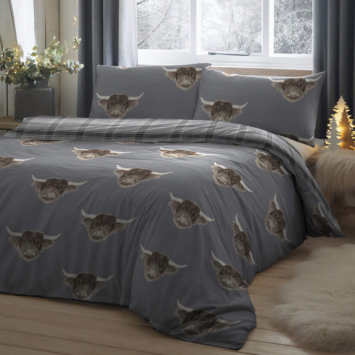 SnelShoppen - Highland Cow Dekbedovertrek Tweepersoons 200x200 cm - Omkeerbaar Grijs Tartan Flanel Beddengoed - Boerderij Koe Bedtextiel voor Comforta