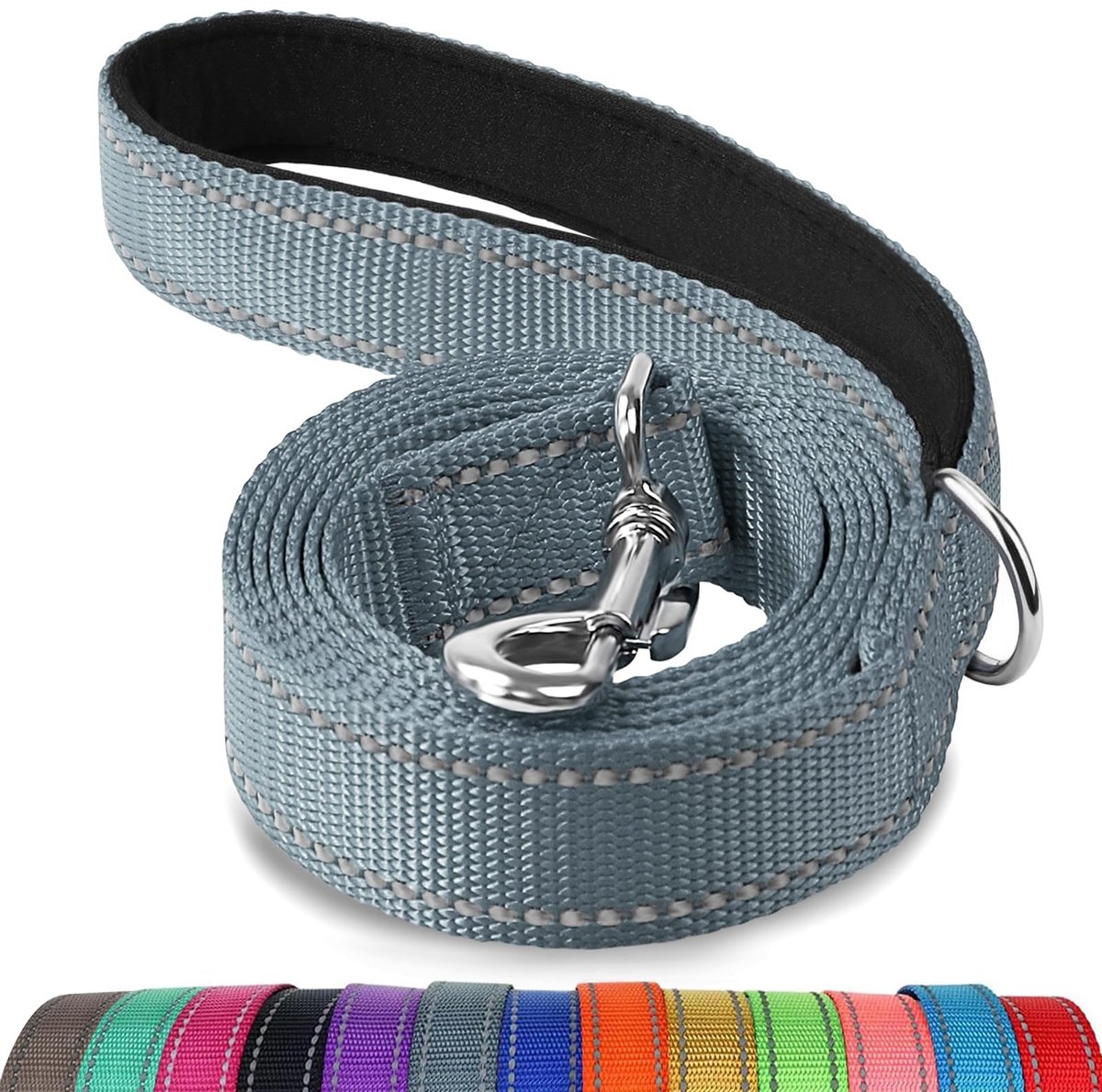 SnelShoppen - Dubbelzijdige Reflecterende Hondenriem 150 cm - Gevoerd Handvat - Stevige Nylon Riem voor Kleine en Middelgrote Honden - Grijs - Perfect