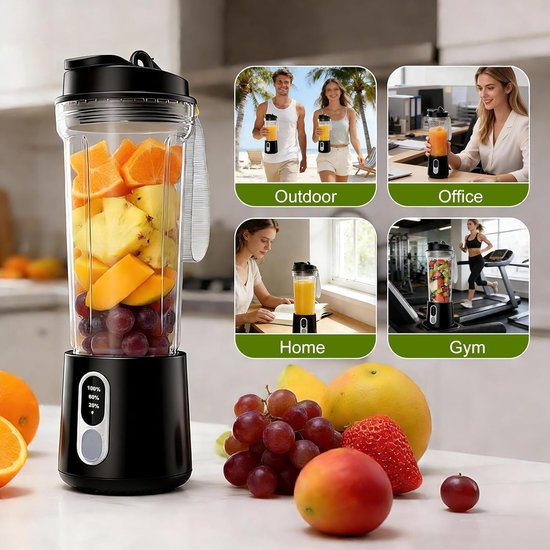 Draadloze Draagbare Blender in Zwart met 4 Mesjes, Inhoud en Complete Accessoireset - Oplaadbaar, voor Smoothies, Sappen & Onderweg — afbeelding 4
