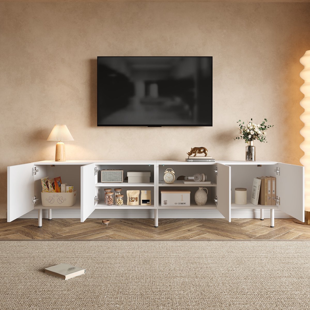 Tv meubel - tv-tafel met driedimensionale gebogen lijnen - deuren met druk-open functie - metalen ronde poten - lage kast - wit