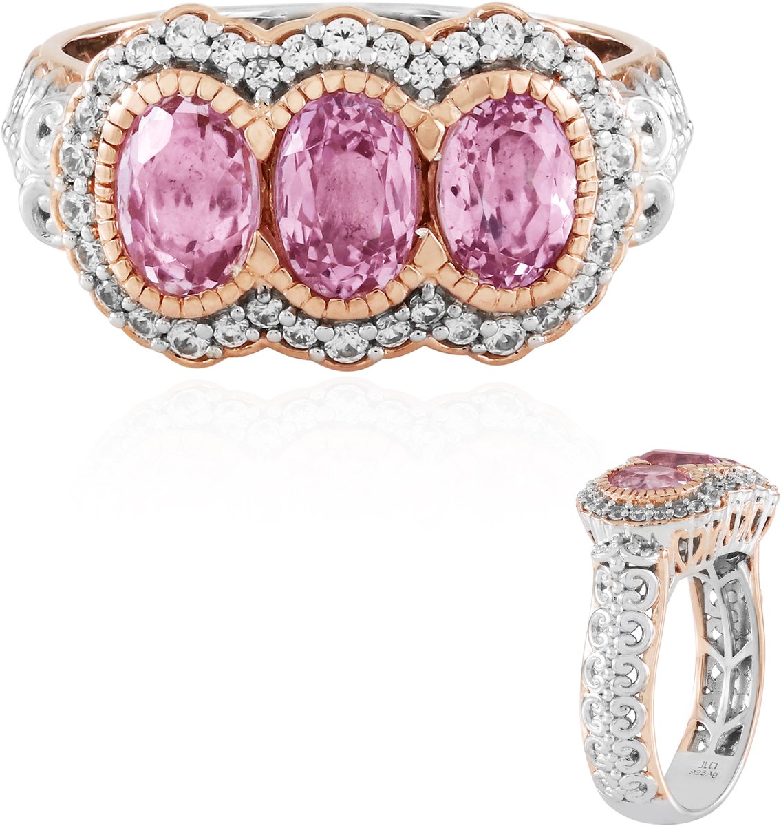 Cavill - Zilveren ring met 3x ovale Kunzietstenen 3,05 ct & 34x Cambodjaanse zirkonia 0,46 ct - 925 Sterling Zilver Palladium - Elegant