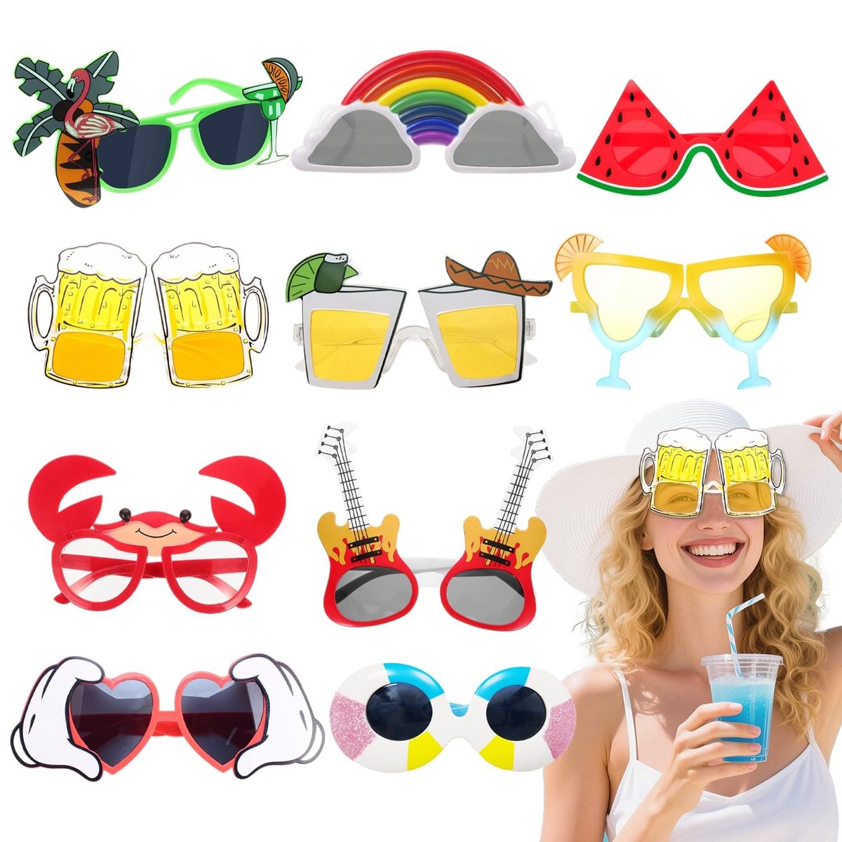 Dailygoods- Zonnebrillen 10 Stuks - Hawaïaanse Feestbrillen - Tropische Motieven - Lichtgewicht - Comfortabele Pasvorm - Geschikt Voor Verjaardagen