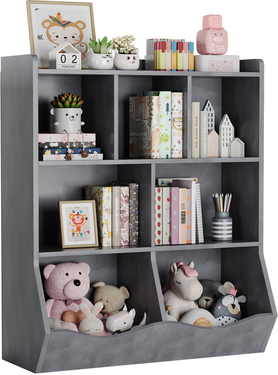 Kinderboekenkast en speelgoedopbergorganizer, 3-laags plank met 7 vakken (5 open vakken + 2 kantelbare bakken), speelgoedrek voor babykamer en leerruimte