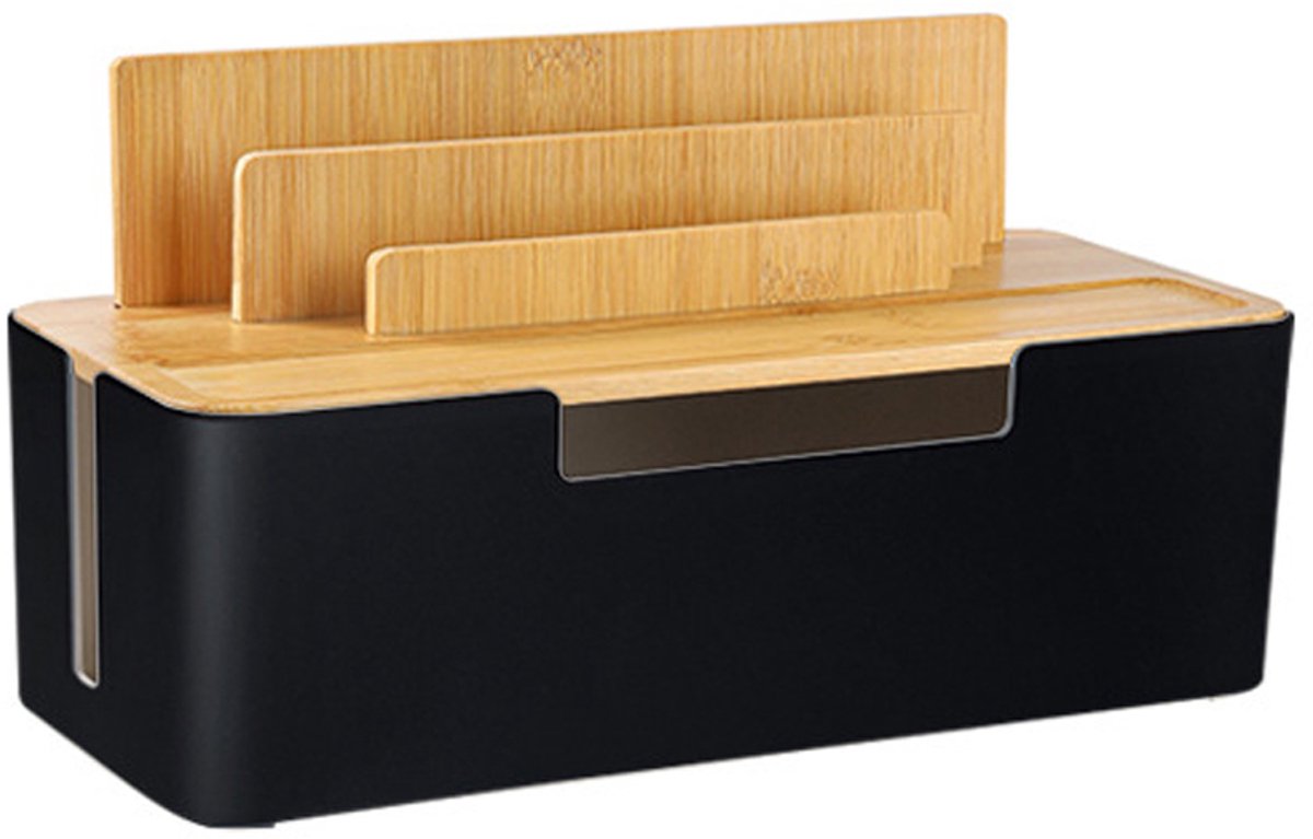VHV - Kabelorganizer - Bamboe kabelmanagementrek voor stroomadapters en bureauladers - Houder voor telefoon en tablet - Voor een opgeruimd bureau - Zwart