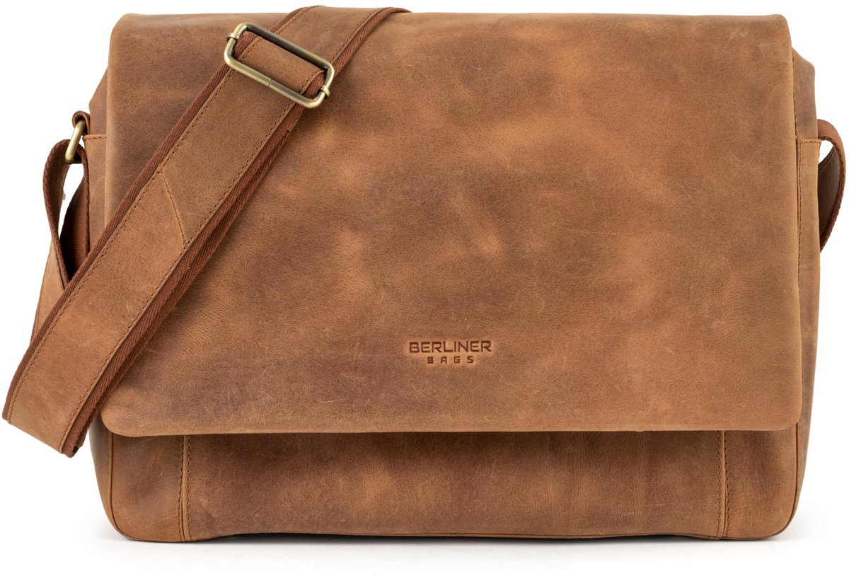 Dailygoods - Vintage schoudertas P-berg van leer met laptopvak - Bruin