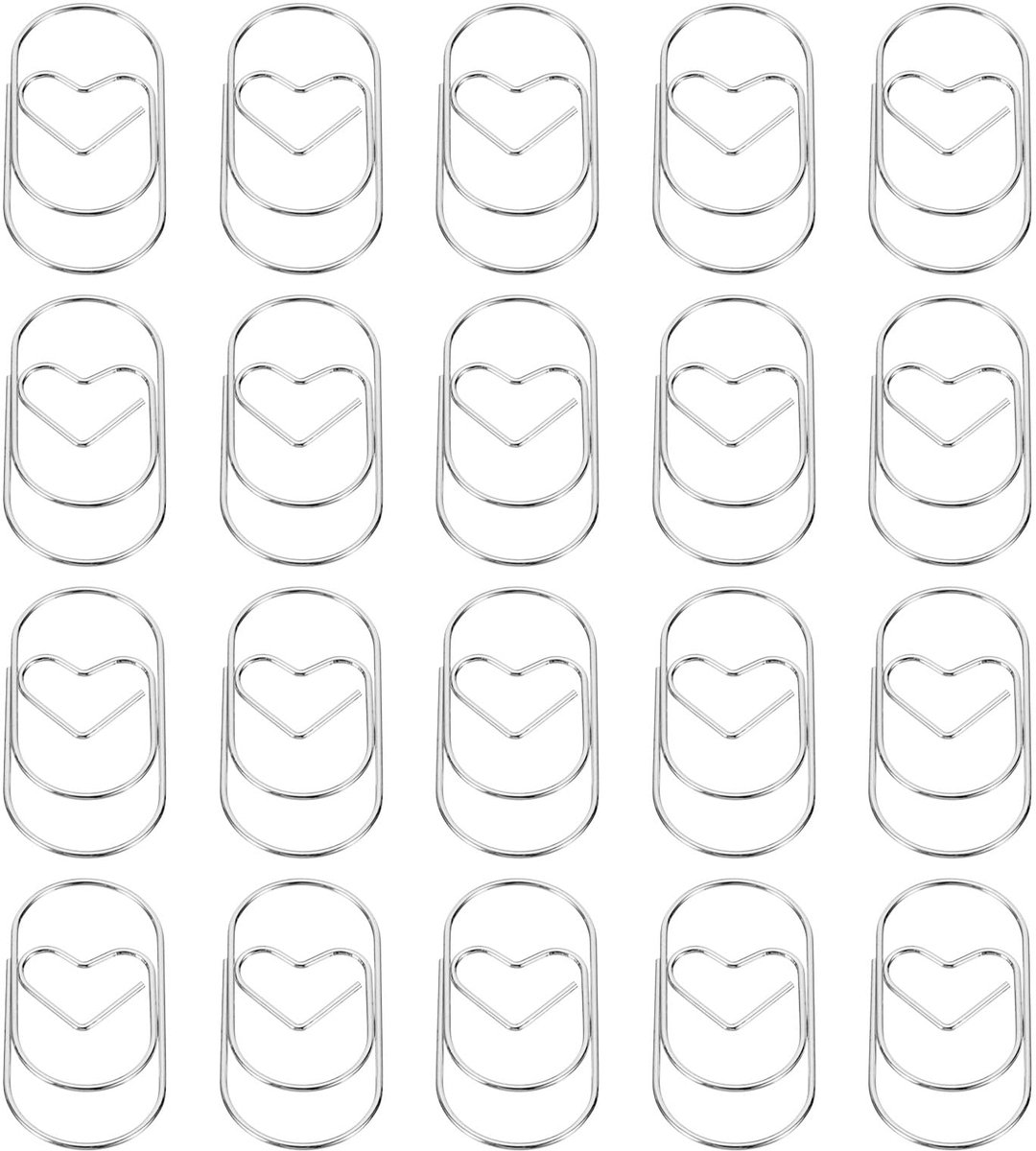 Dailygoods - 20 stuks hartvormige paperclips - Zilverkleurige clips voor kantoor en thuisgebruik