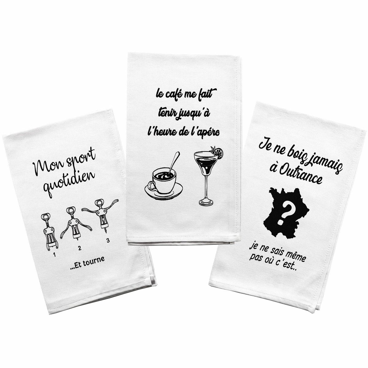Dailygoods - Set van 3 Keukenhanddoeken - 100% Katoen, Wit en Zwart met Grappige Prints