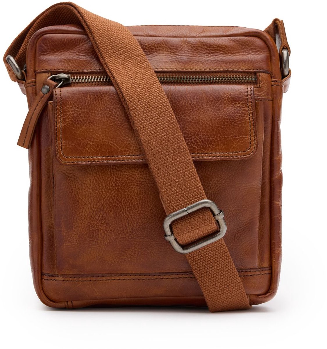 Manfield - Cognac leren unisex schoudertas