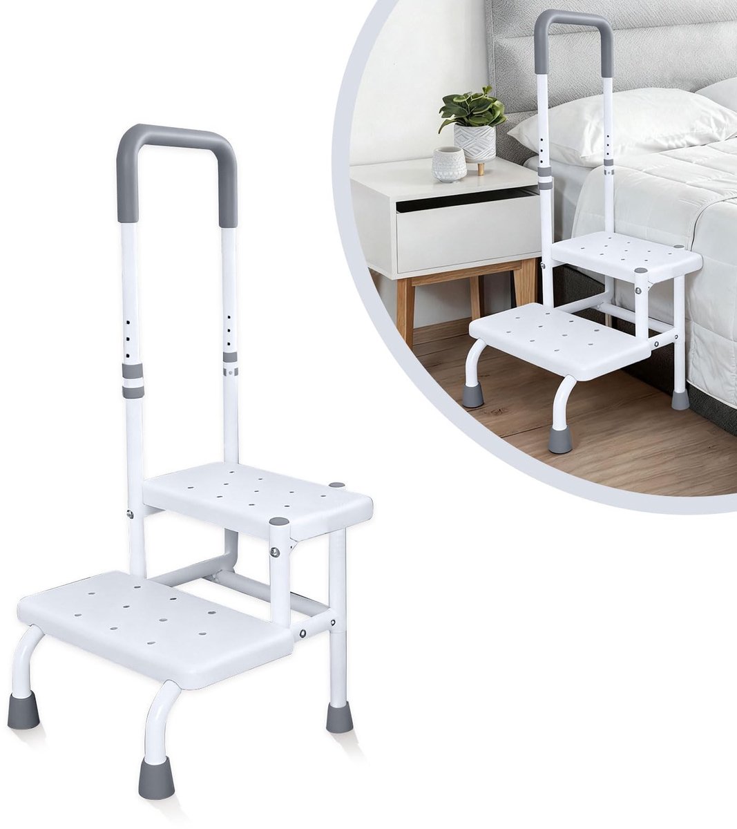 Dailygoods- Badtrap met 2 Niveaus - Verstelbare Hoogte 89-100 cm - Stevige Constructie - Laadvermogen 135 kg - Handvat - Ergonomische Treden - Opstapkruk