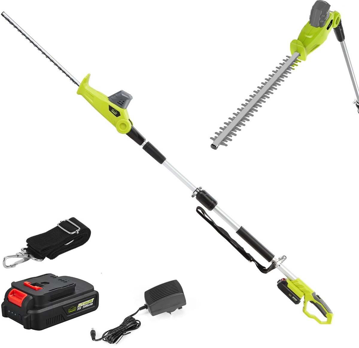 SnelShoppen - Telescopische Heggenschaar 20 V - Uittrekbaar, Verstelbaar, Lang Bereik - Accu & Oplader Inclusief - Ideaal voor Tuinonderhoud en Snoeie