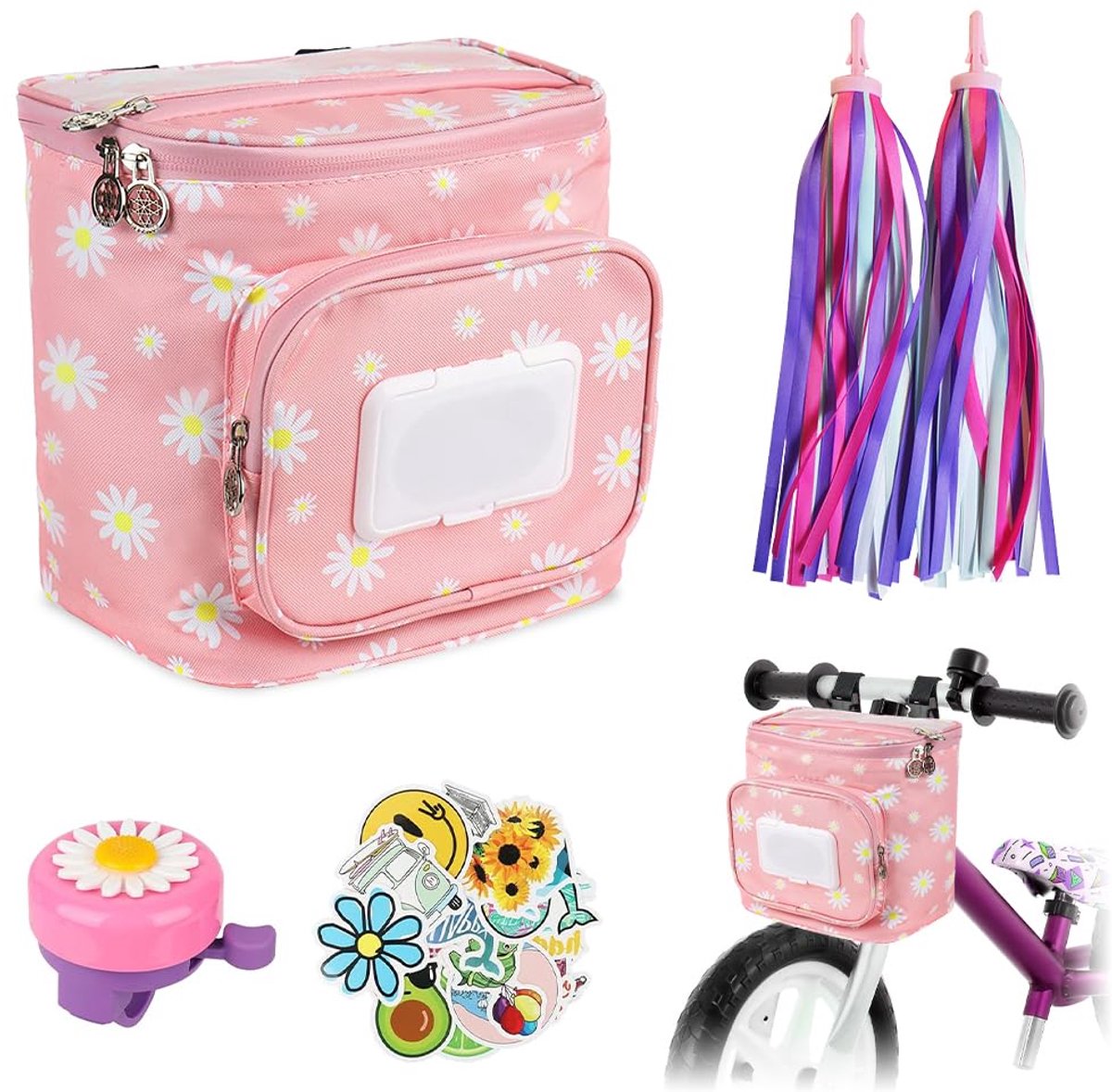 Dailygoods - Fietstas voor Kinderen - Handvatten, Bel en Stickers Inbegrepen (Roze)