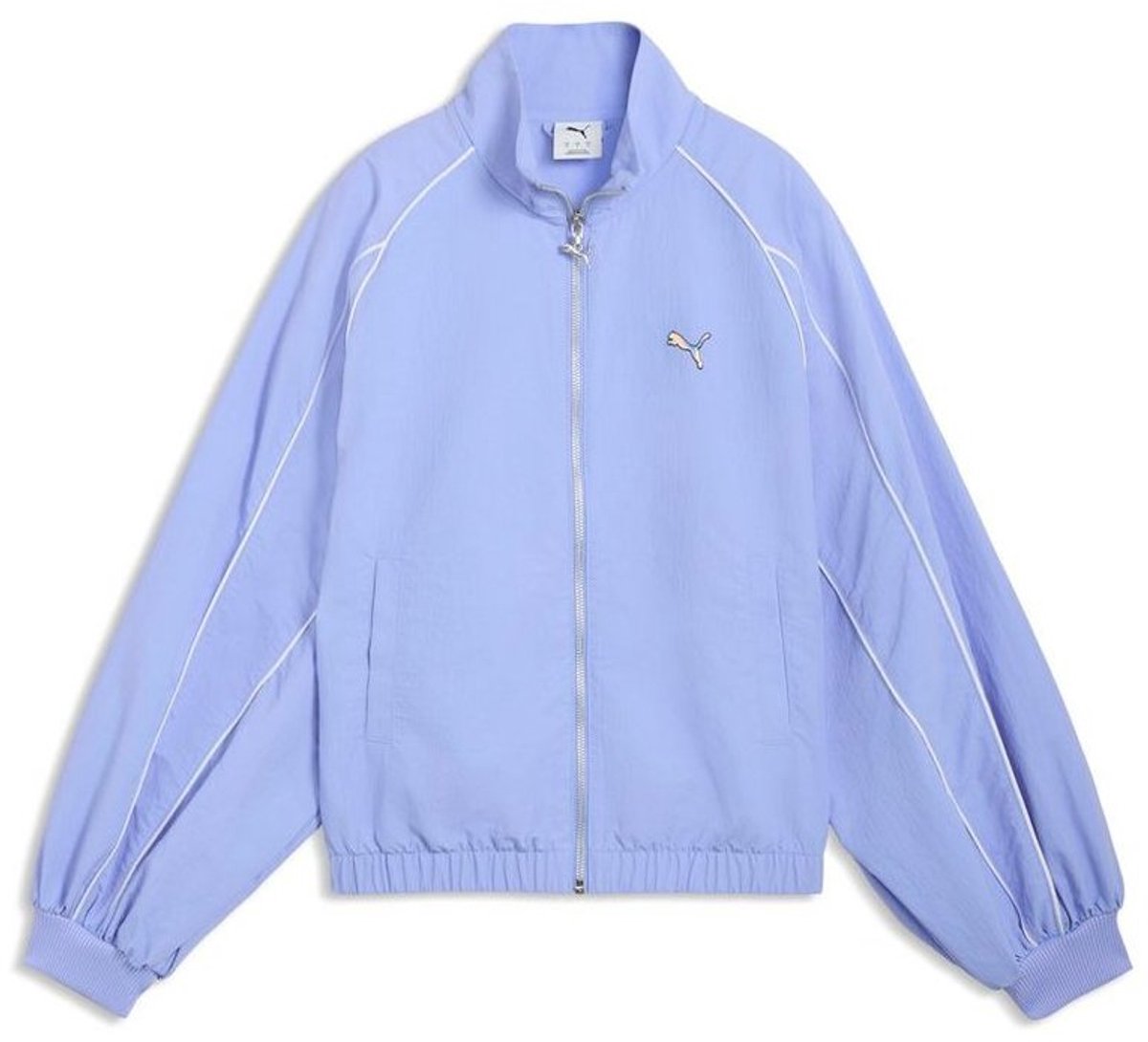Puma dames trainingsjack T7 met ballonmouwen en biezen relaxed geweven trackjack 634558 Intense Lavender