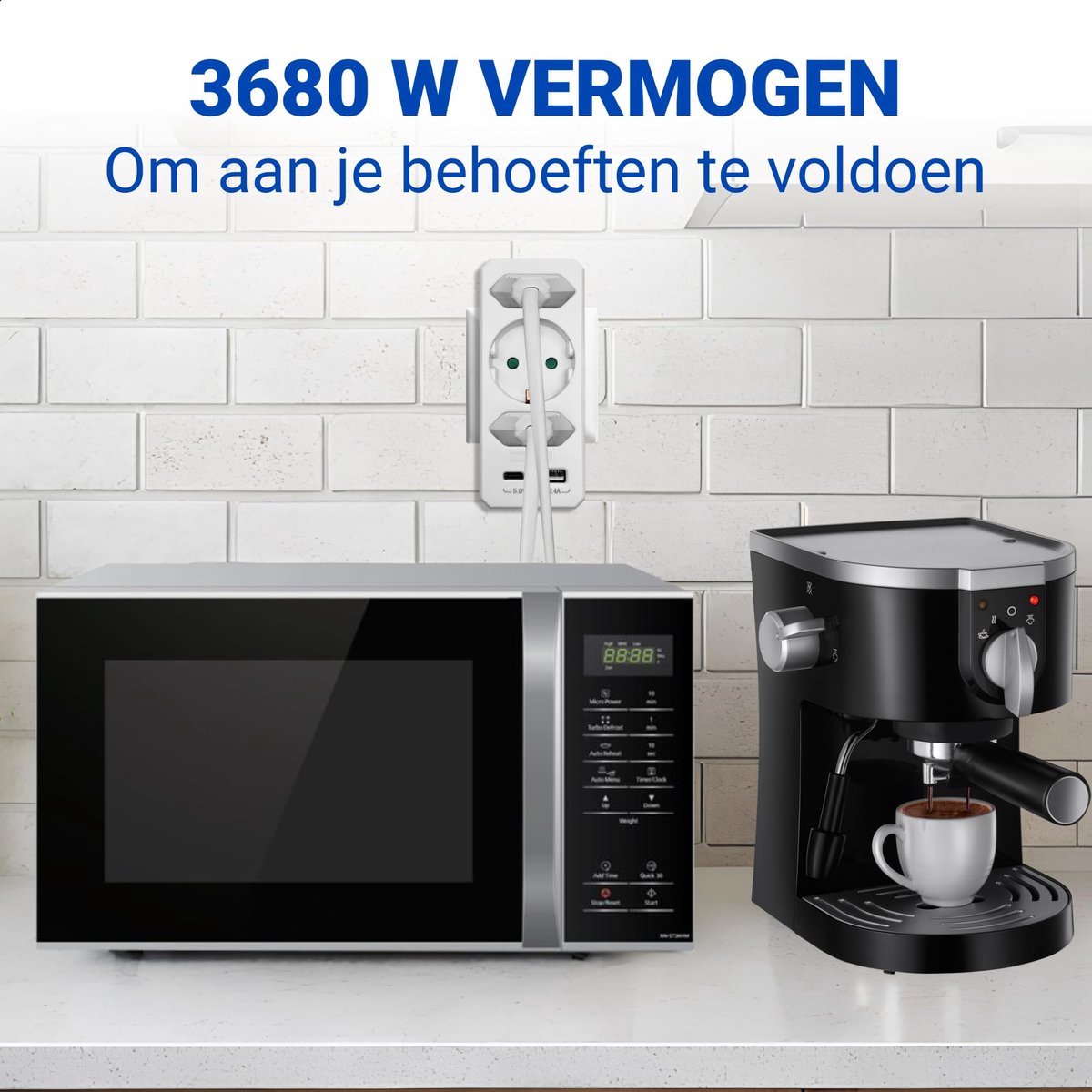 SnelShoppen - Zelkan Stekkerdoos met USB-C - Meerdere Stopcontacten met 2 Verticale Stopcontacten en Schakelaar - Wandcontactdoos zonder Kabel - 1 USB