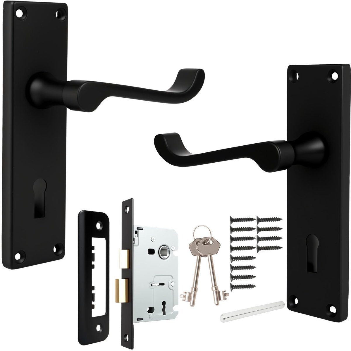 SnelShoppen - Deurklinkset met slot, Matzwarte Hendels, Complete Hardwarekit met Sleutels voor Binnen- en Buitendeuren, Duurzaam en Modern Design
