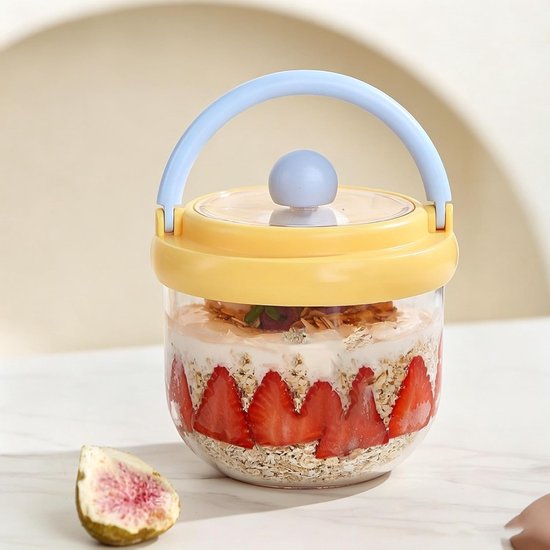Overnight Oats Potten - Geïsoleerde Lunchcontainer - Ontbijt Meenemen - Met Draaghengel - 12 x 12 x 13 cm - Geel — afbeelding 2