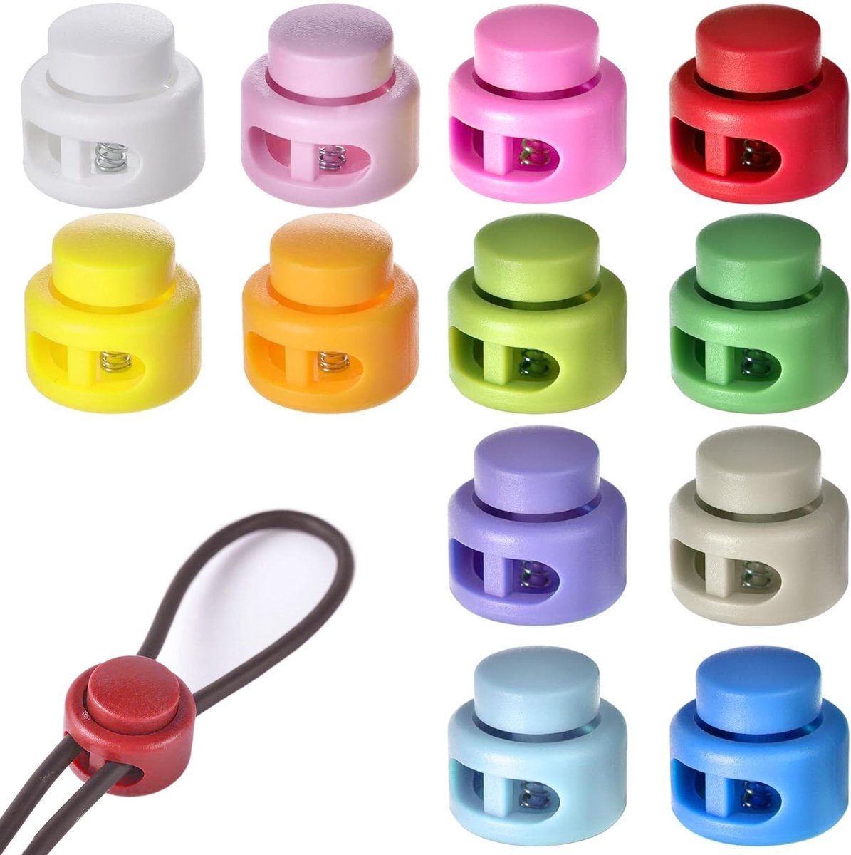 Dailygoods- Koordstopper 12 Stuks - Dubbel Gat - Gekleurde Koordklemmen - Verstelbare Elasticiteit - Lichtgewicht Kunststof - Duurzaam - Koordklem