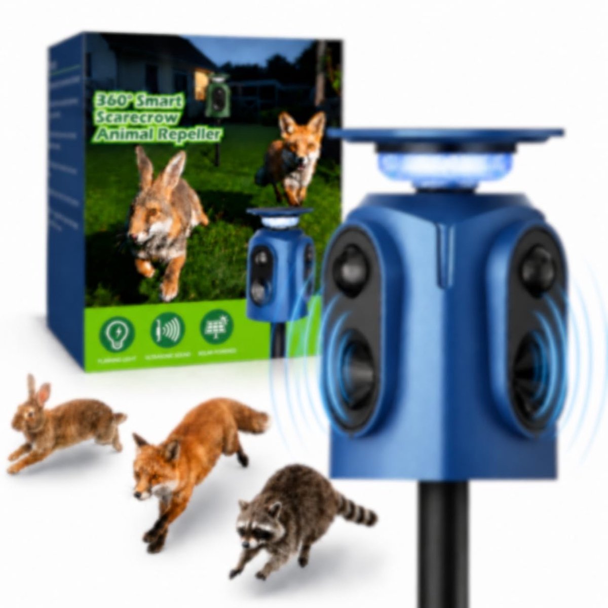 SnelShoppen - VoltGuard 360° Ultrasone Kattenverjager met 5 Modi, Bewegingssensor, Flitsfunctie voor Vogels, Honden, Vossen en Ongediertebestrijding i