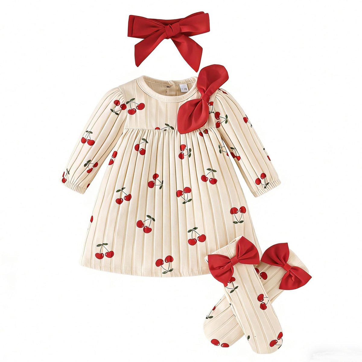 SnelShoppen - 3-delige set voor babymeisjes, schattige jurk met lange mouwen, strik hoofdband en sokken, bedrukte kleding voor baby's van 1-12 maanden