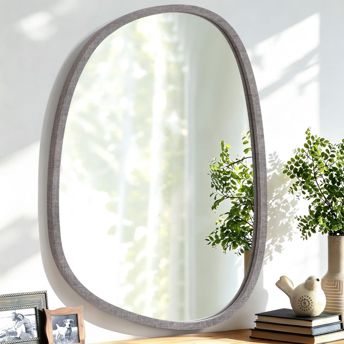 SnelShoppen - Asymmetrische Wandspiegel 35x25 cm met Rustieke Houten Lijst, HD Spiegelglas, Eenvoudige Montage, Perfect voor Badkamer en Woondecoratie