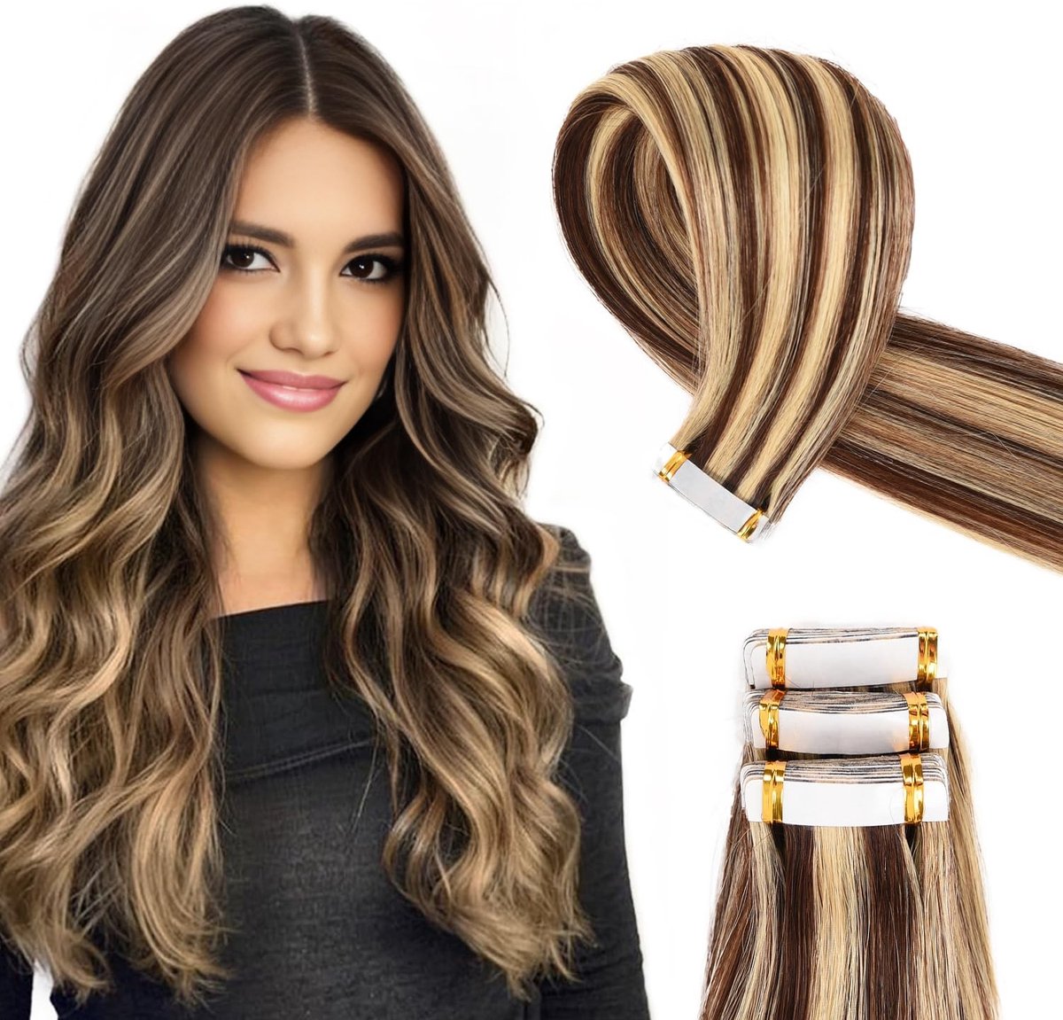 Dailygoods - Originea Tape In Extensions, Echte Haar, 55 cm, Medium Bruin Mix Lichtbruin