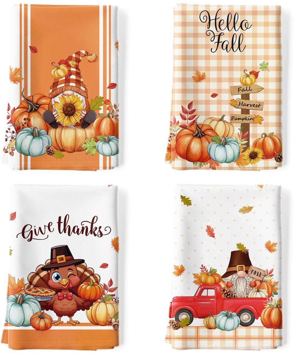 Dailygoods - Thanksgiving Herfst Kalkoen Keukenhanddoeken - 100% Katoen, Set van 4