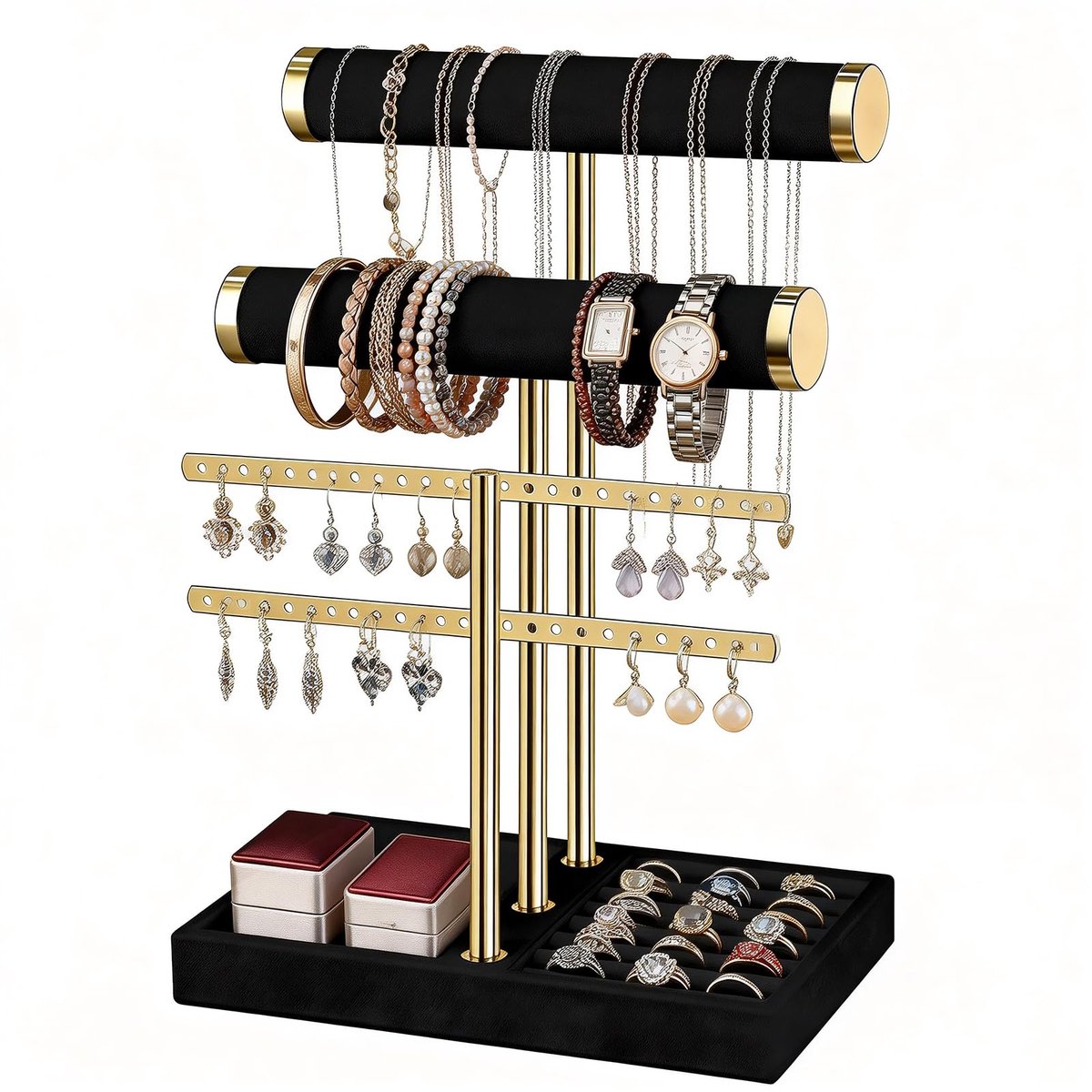 SnelShoppen - Sieradenorganizer met 3 Niveaus, Afneembare Sieradenstandaard, Fluwelen Sieradenhouder voor Halskettingen, Oorbellen, Armbanden, Horloge