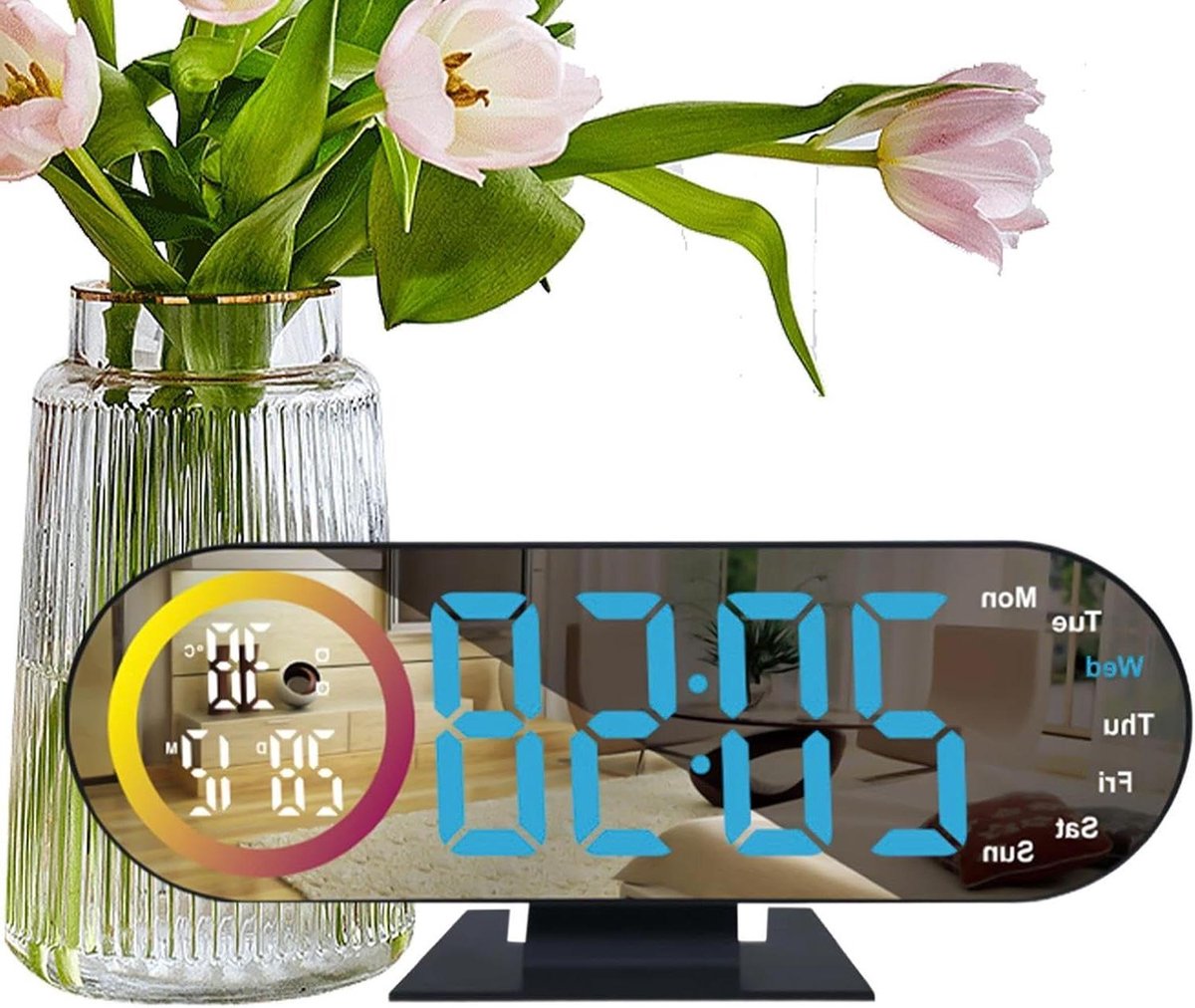 Digitale Klok - Spiegel Wekker - Wakker Worden - Zachte Verlichting - 18.5 cm - Wit