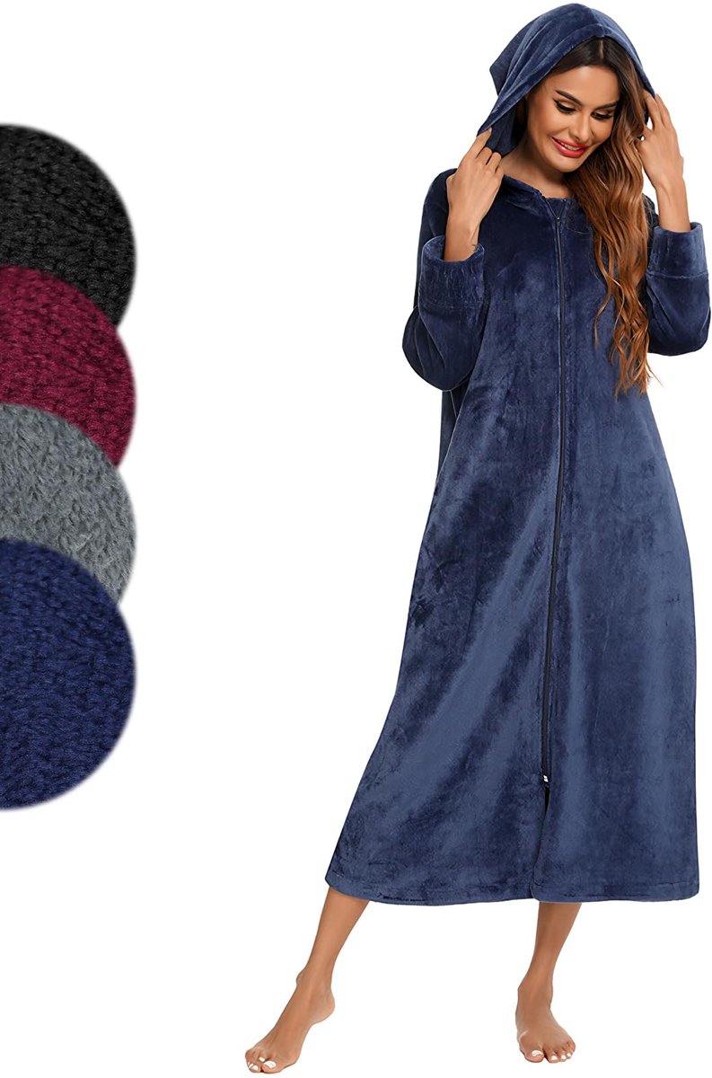 SnelShoppen - Figarge Badjas voor Dames en Heren met Ritssluiting en Capuchon, Lange Flanel Badjas met Voorzakken, Donkerblauw, XXL, Ideaal voor Thuis