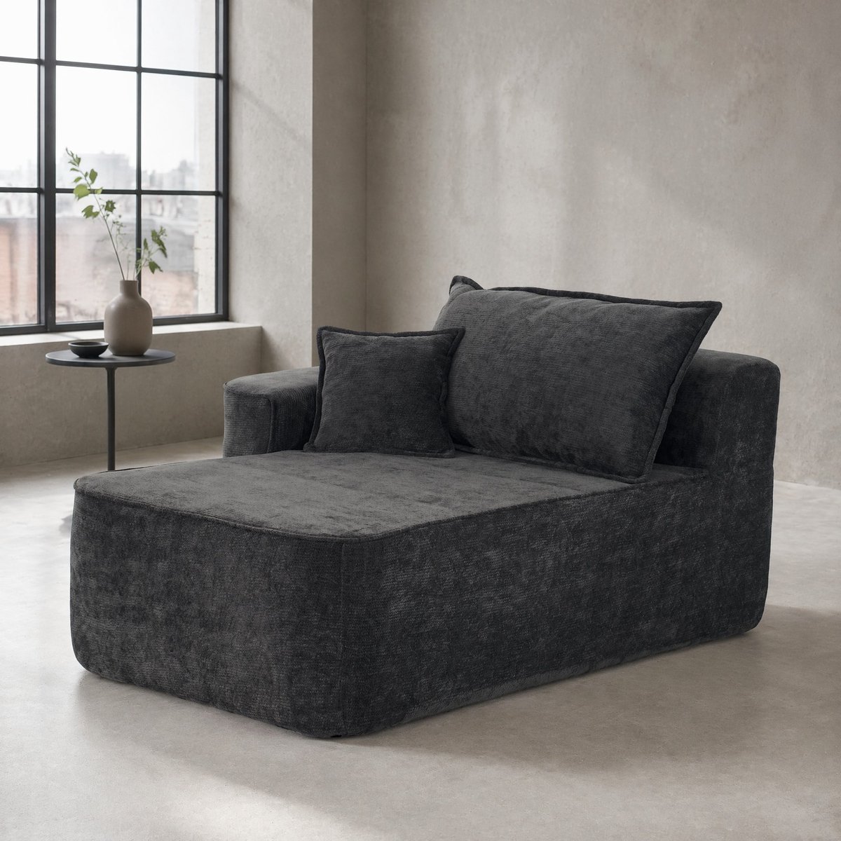 COVREO Chaise longue 144 x 112 x 65 cm - zwart chenille, 2-zits, zonder montage