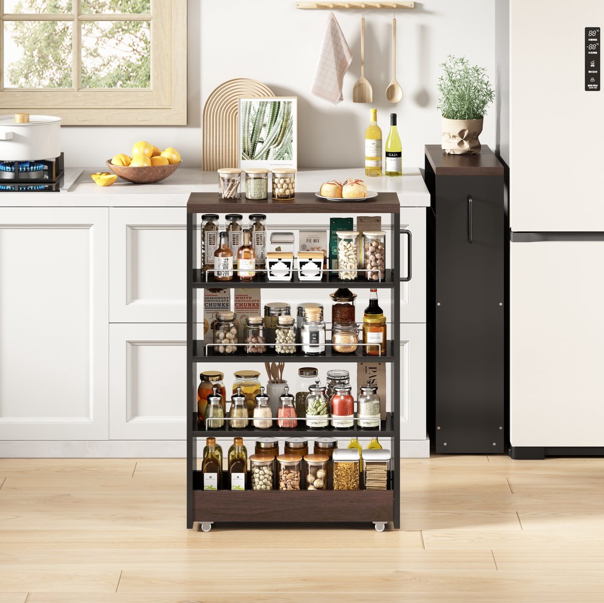 Keukenkast Op Wielen - 16 Cm Smal - 4 Verstelbare Planken - MDF - Zwart Bruin - Voor Keuken, Badkamer En Voorraadkast