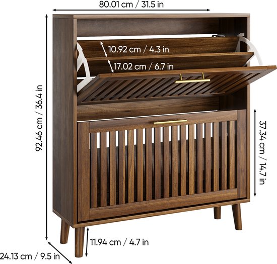 FloraGrace Schoenenkast 80 Cm Breed Met 2 Klapladen Walnootkleur MDF Massiefhouten Poten Antikantelbeveiliging Voor Hal En Entree — afbeelding 5