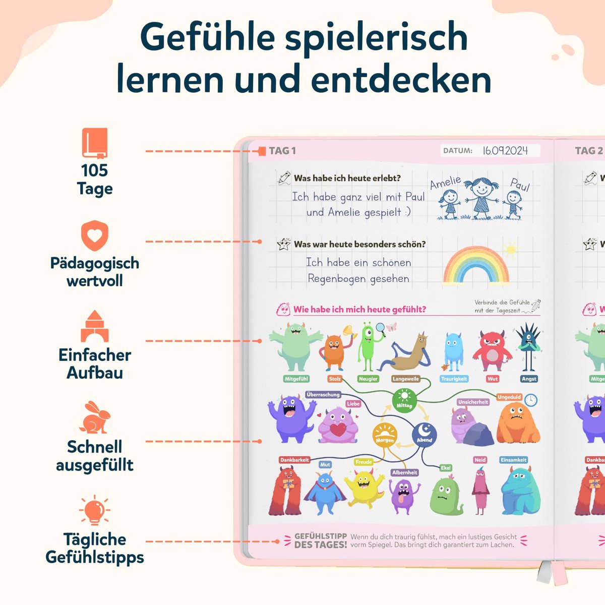 SnelShoppen - Wunderkind Emotiedagboek voor kinderen 6-12 jaar, dankbaarheidsdagboek voor meisjes en jongens, gevoelenboek, flamingo roze, voor een go