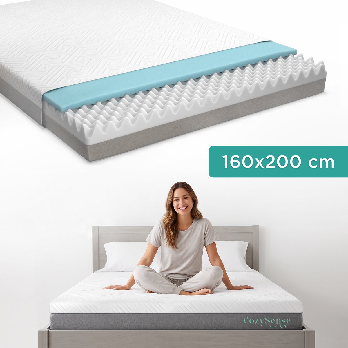 CozySense® Premium Matras 160x200 cm – Tweepersoons – 3 Comfortlagen – Gel Traagschuim & Eierkistschuim – CertiPUR-US® Schuim & OEKO-TEX® Hoes – 20 cm Dik