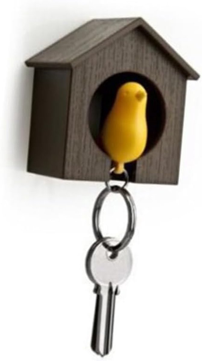 Vogelhuisje Sleutelhanger - Sleutelhanger Vogel - Sleutels Organiseren - Met Piepfluitje - 7.3 x 6.8 x 4.3 cm - Bruin Geel