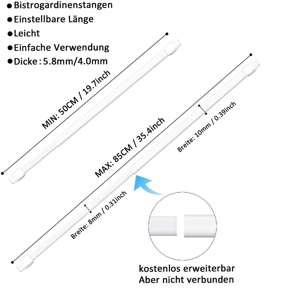 SnelShoppen - Uittrekbare Gordijnroede 50-85 cm, Verstelbare Stang, Metaal/Kunststof, Zelfklevend, Wit voor Raam, Huis, Haken en Decoratie
