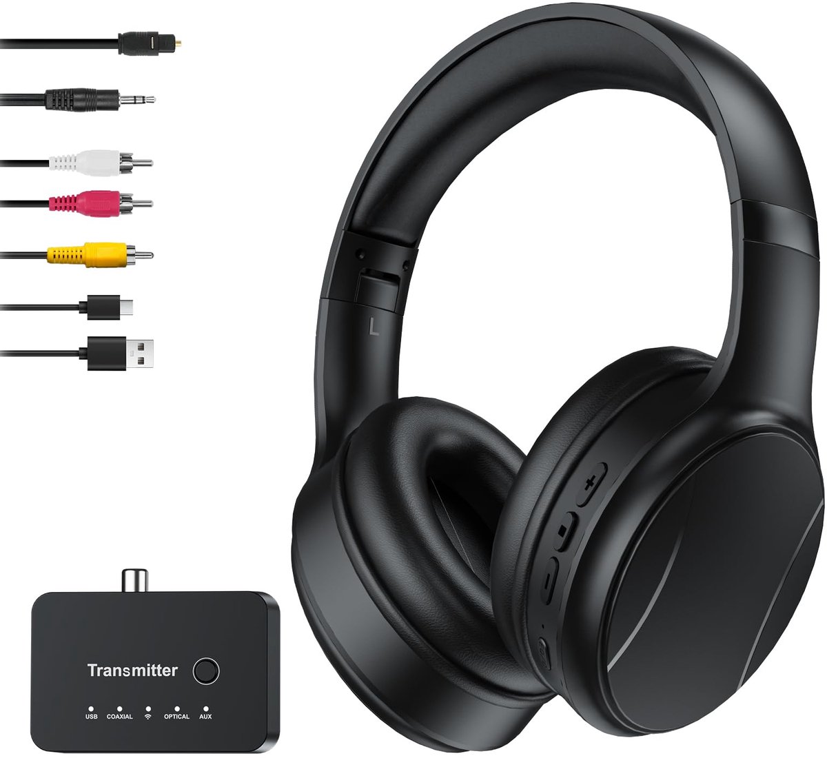 SnelShoppen - Draadloze tv-hoofdtelefoon voor senioren - 2,4 G RF & Bluetooth 5.4 - 5-in-1 zender (optisch/coaxiaal/RCA/AUX/USB) - 5 EQ-modi - Bereik