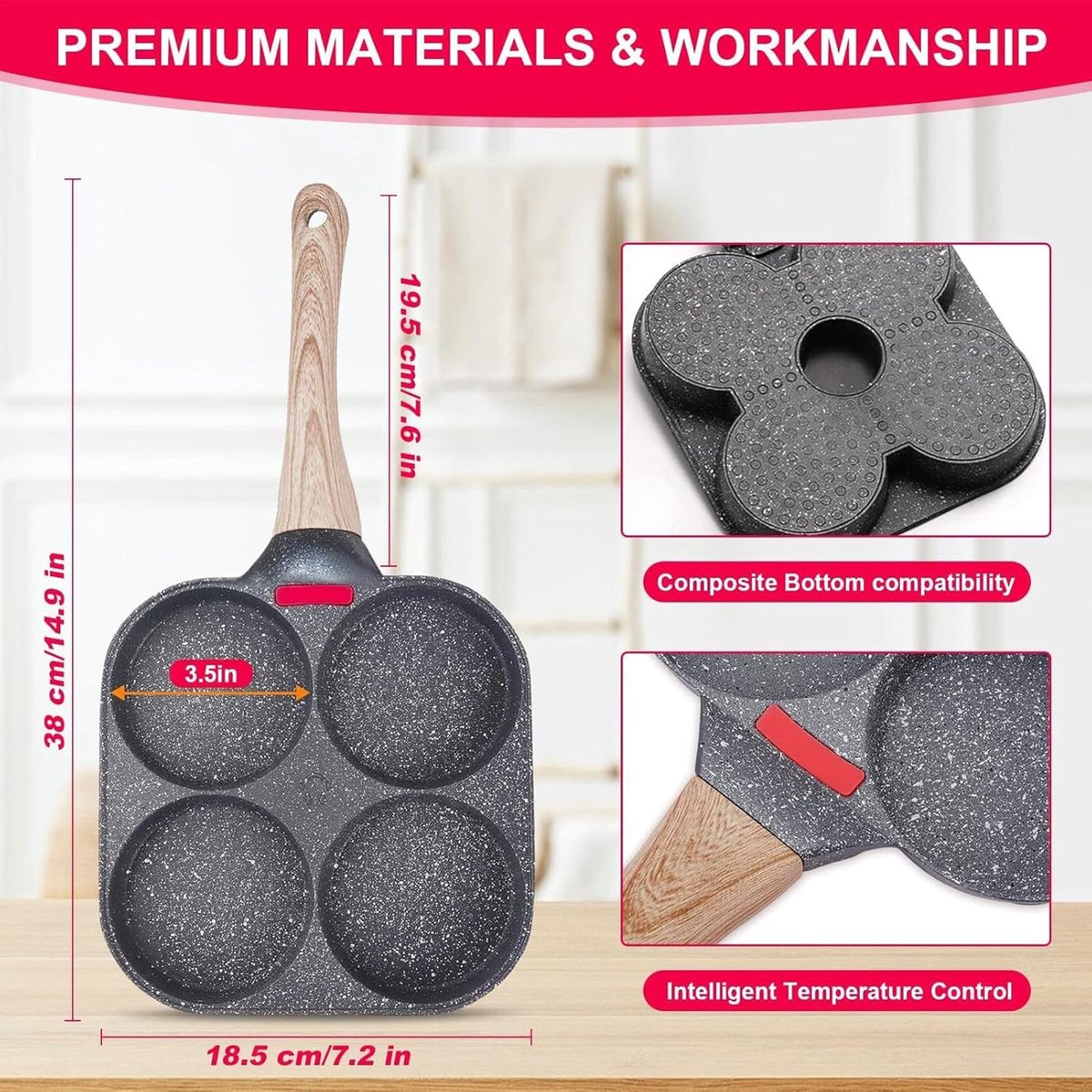 Omelet Pan - Koekenpan Eieren - Ontbijt Maken - 4 Gekoppelde Holtes - 18 x 38 cm - Zwart
