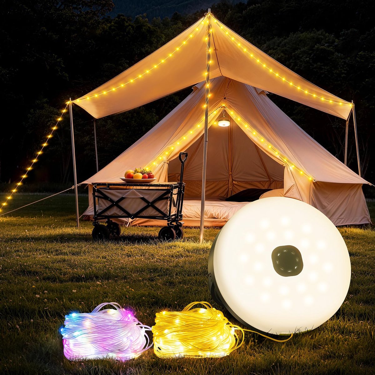 SnelShoppen - Camping Lichtketting 10m Oprolbaar Draagbaar 3-in-1 Lichtsnoer met 13 Verlichtingsmodi, Waterdichte LED Voor Buiten, USB-oplaadbaar Voor