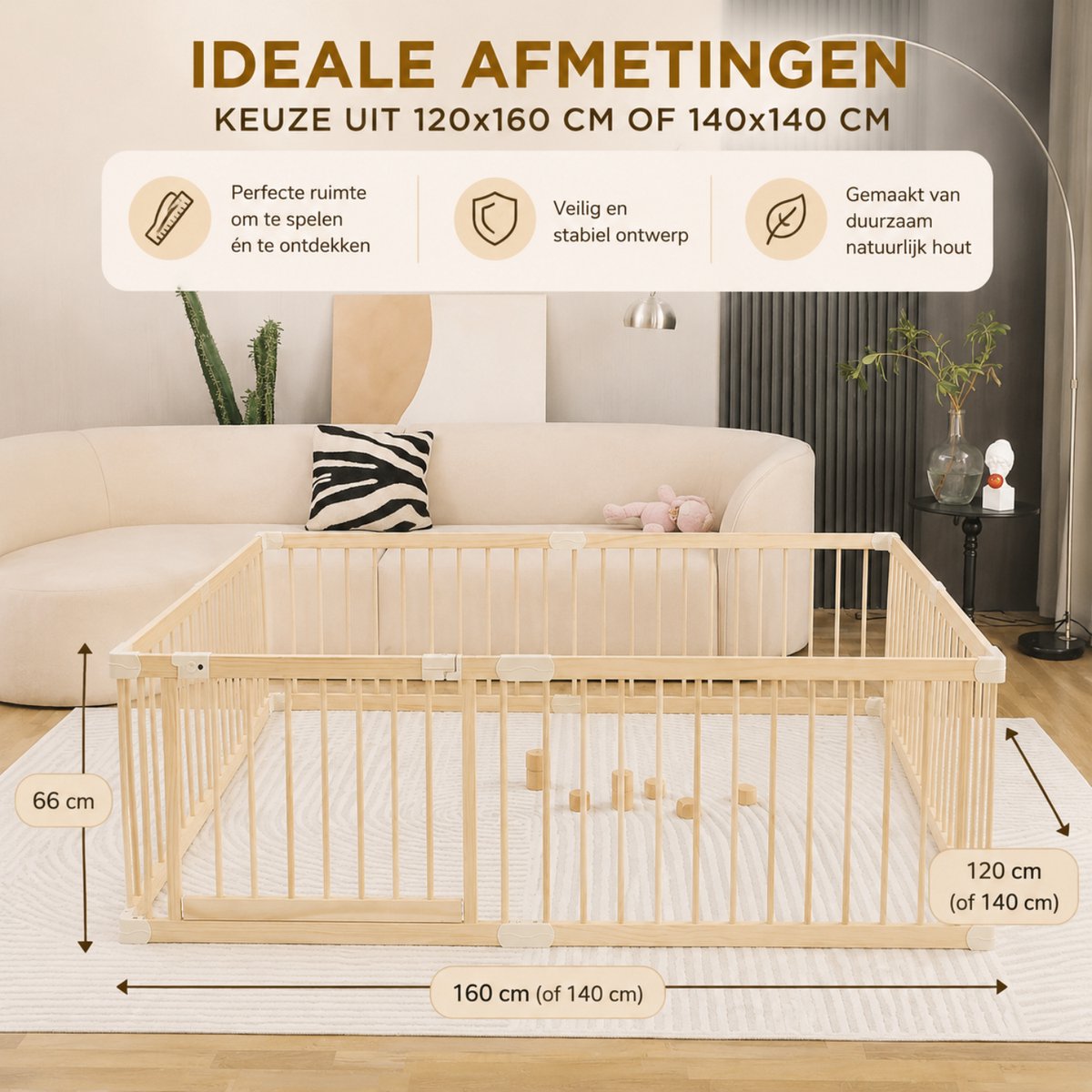 Lucellia® Houten Grondbox Baby - 120x160 / 140x140 cm – Vast Model Speelbox Hout – Kinderbox, Kruipbox, Playpen & Baby Box – Prime Wood Beige – foto 6
