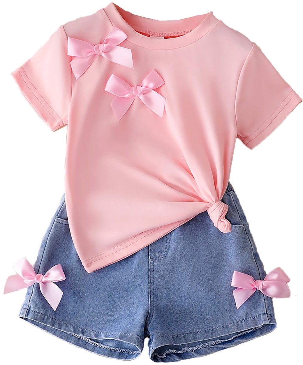 SnelShoppen - 2-delige set voor peutermeisjes, zomerset met T-shirt en denim jeanrok, korte mouwen, roze, 6 jaar, schattige strikjes, perfect voor fee