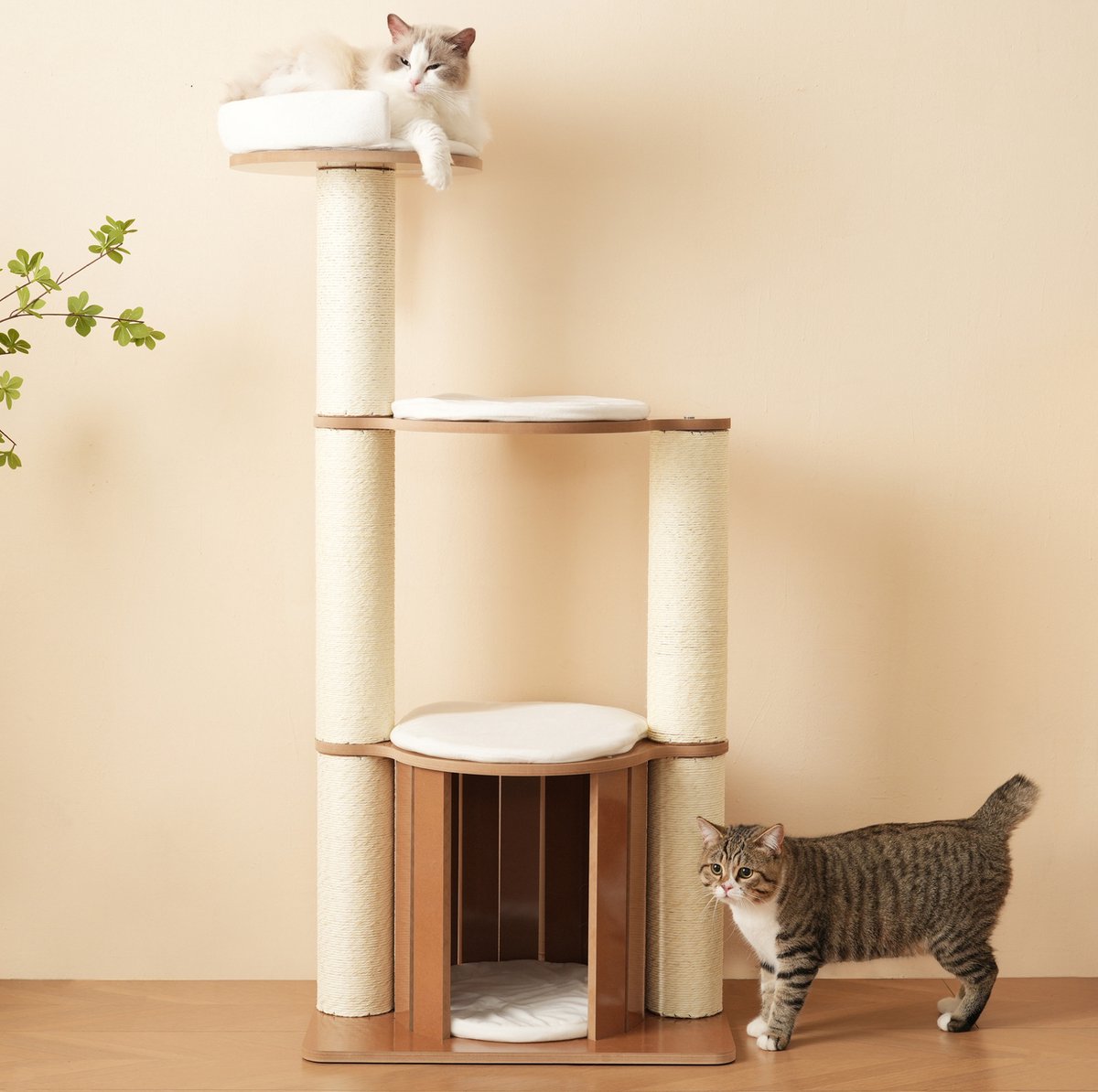 MIVRAY Krabpaal – 135 Cm, 12 Cm Dikke Stammen En 3 Niveaus – MDF – Bruin Wit – Met Kattenhuis, Uitneembare Kussens En Anti Kantel