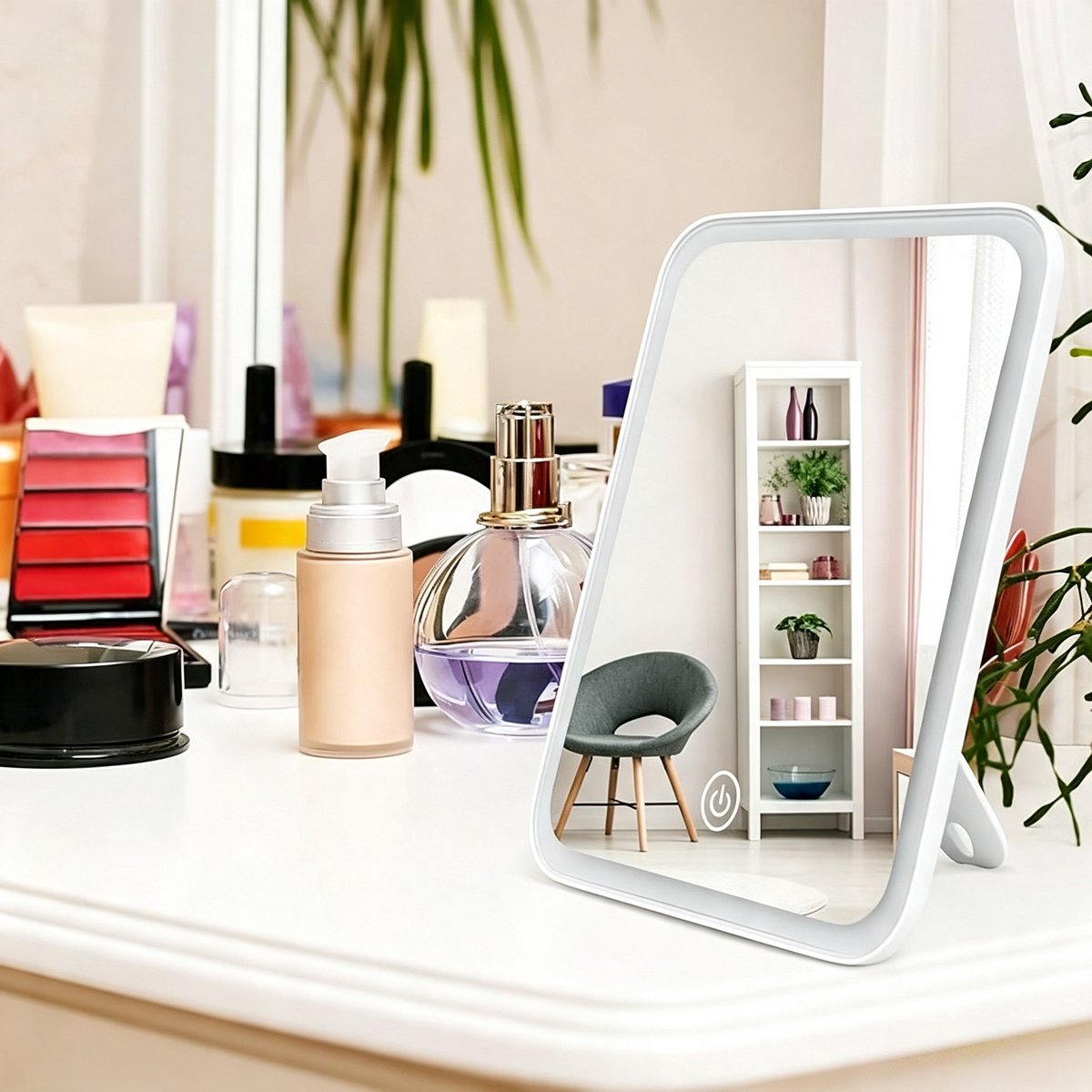 Make-up spiegel - rechthoekige LED reisspiegel - touch drie dimstanden - zelfstandige steun – 35 stuks ledlampen – 6500K daglicht – oplaadbaar – thuis & reis – 22,8x19,8x1,3 cm – 1 stuks – Wit
