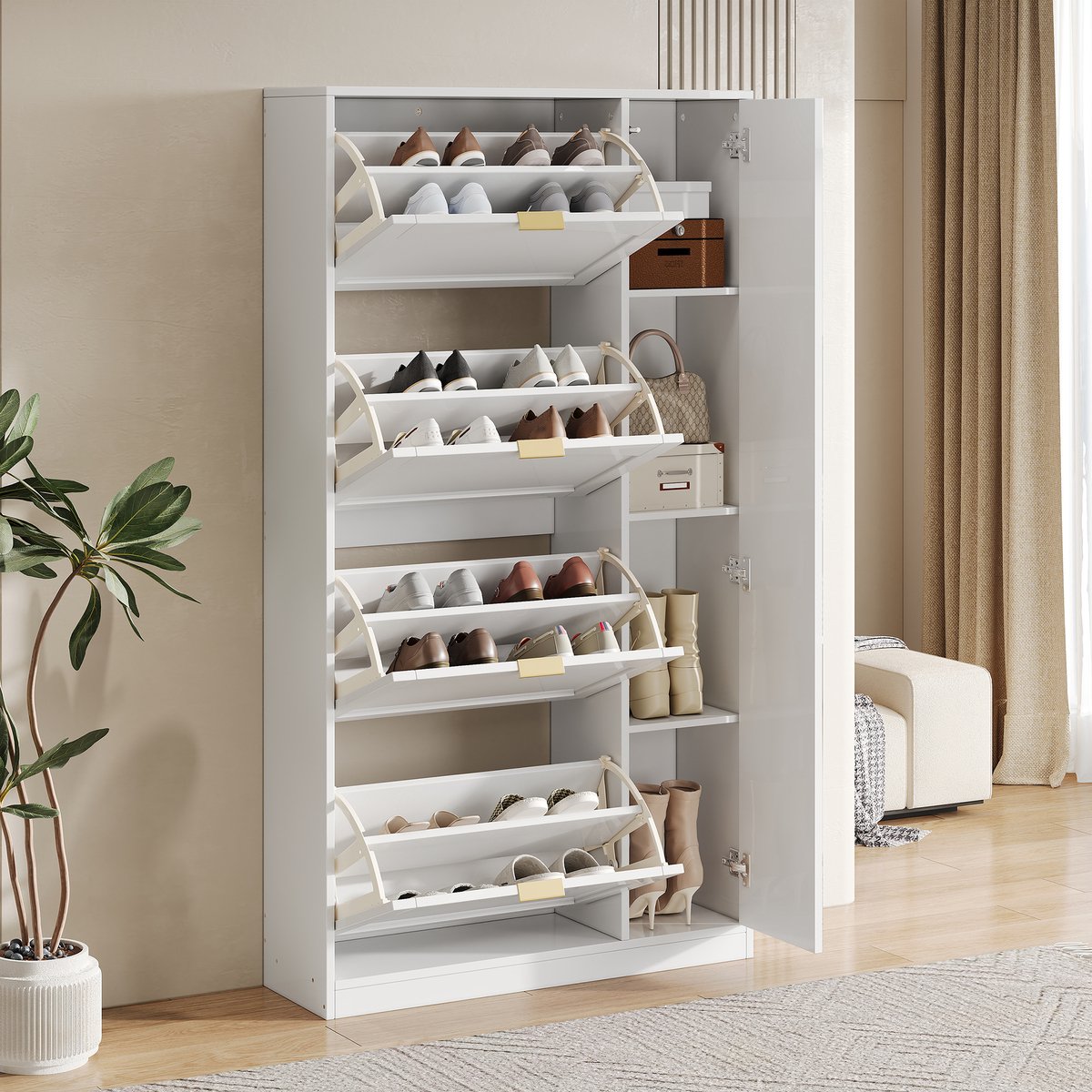 Schoenenkast - Met spiegel, 4 klep laden, verstelbare planken & gewelfde deuren - 80x147x24 cm - Wit