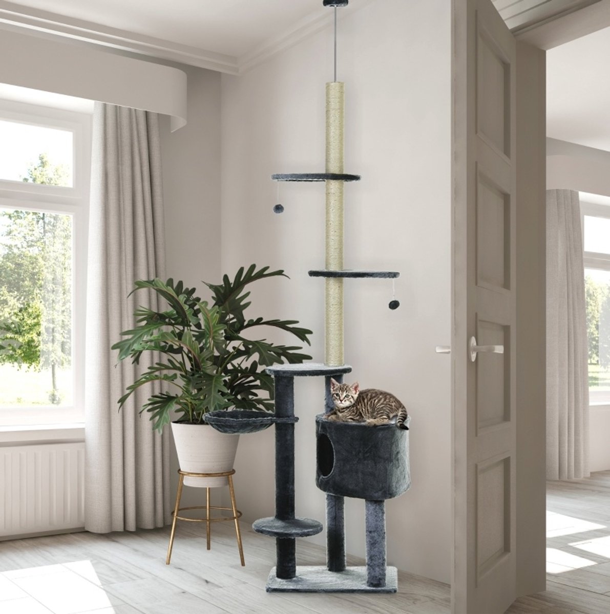 FloraGrace Krabpaal – Dekenhoog 220-265 Cm – Verstelbaar – Pluche En Sisal – Donkergrijs – Met Kattenhuisje, Hangmat En Platforms