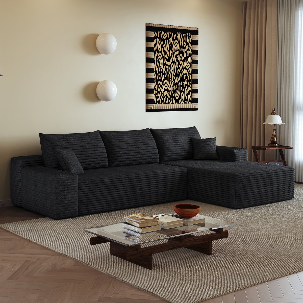 STILVORA Hoekbank 270 Cm - Modulaire L-Vorm Met Chaise Longue En Diepe Zit - Zonder Montage - Voor Woonkamer Slaapkamer En Appartement - Corduroy Zwart