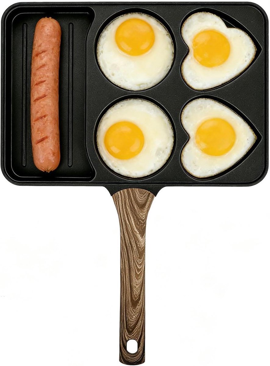 Eierpan 5 vakken - Ontbijtpan koekenpan - Ontbijt bereiden - Antiaanbaklaag - 35.5 x 27.5 cm - Zwart