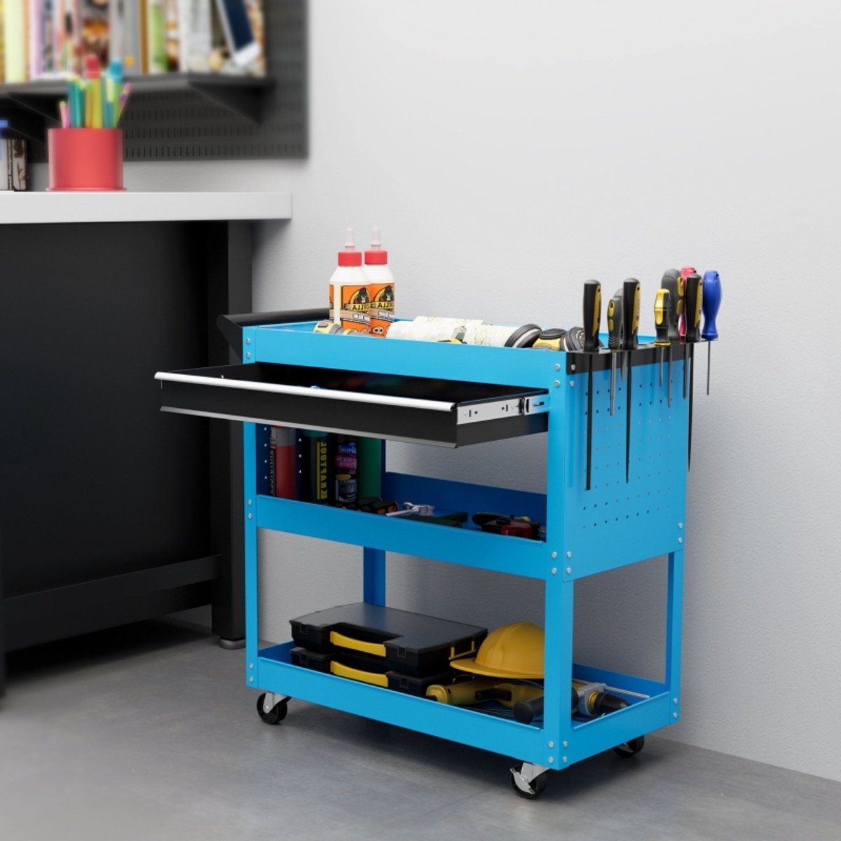 Wishdor Gereedschapskar - 3 niveaus met lade - Met 4 wielen en remmen - Voor werkplaats - Staal - Blauw - 82 x 35 x 76 cm