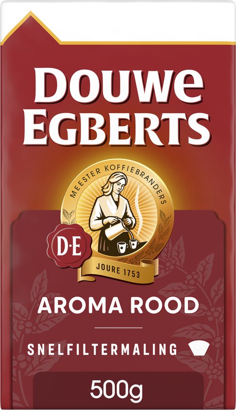 Rood pak Douwe Egberts Aroma Rood snelfiltermaling koffie, 500g.